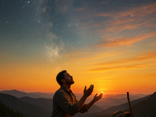 A man kneels on a mountain ridge at sunrise beside a campfire, hands lifted in gratitude as the sky glows with dawn colors and stars fade, symbolizing how the heavens declare the glory of God.