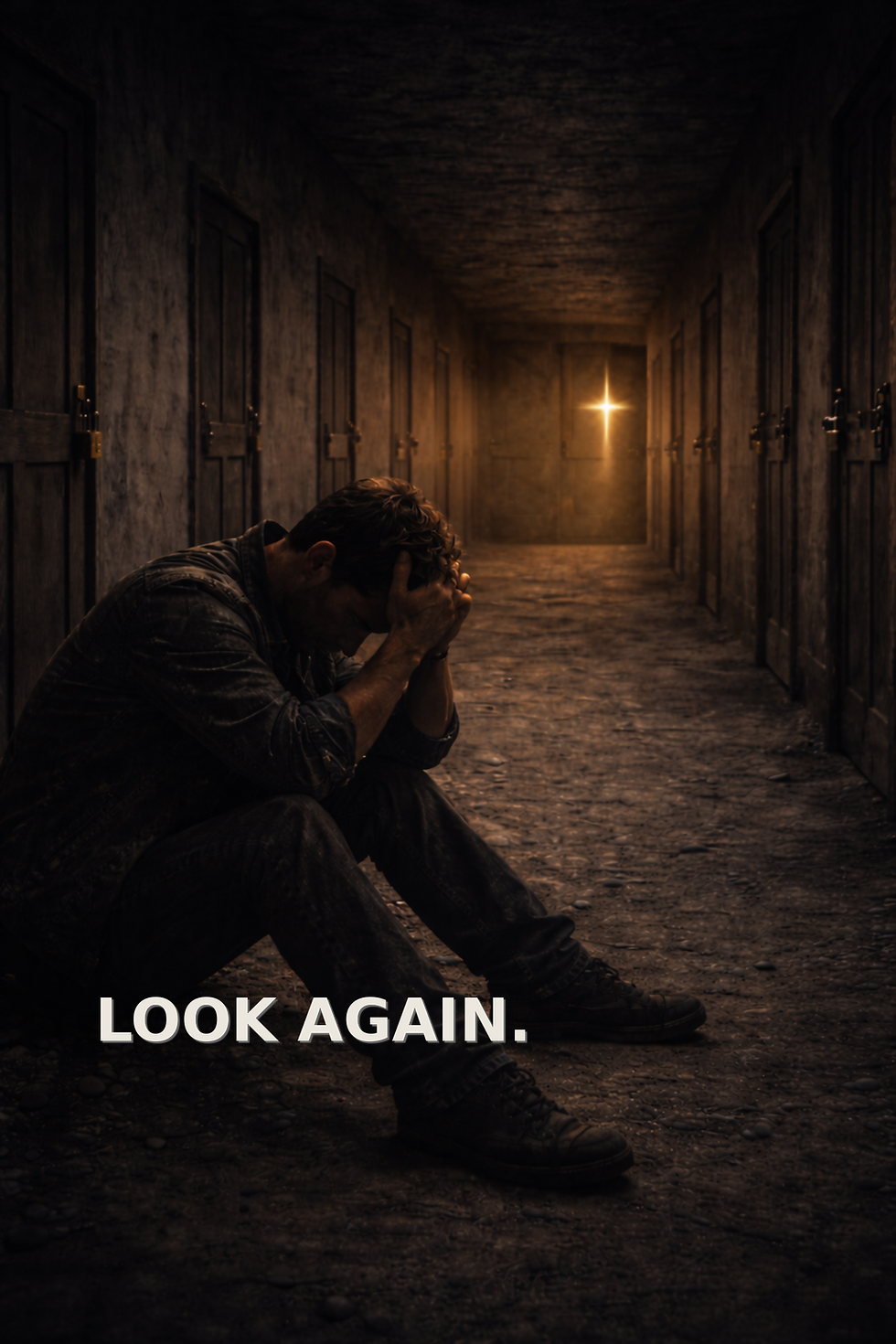 A weary man sits slumped in a long, dim hallway lined with locked doors on both sides, showing signs of exhaustion after trying every option. In the distance, a faint cross-shaped light softly glows from a closed side door, symbolizing quiet hope and God’s direction even when no path seems open.