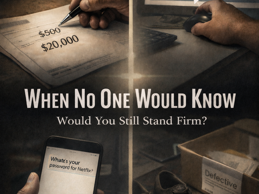 Four-panel image showing everyday moments of potential dishonesty — altering paperwork amounts, adjusting a work timecard, a phone text asking “What’s your password for Netflix?”, and worn shoes next to a return box labeled defective — with overlay text reading “When No One Would Know — Would You Still Stand Firm?” and a subtle cross-shaped light dividing the image.