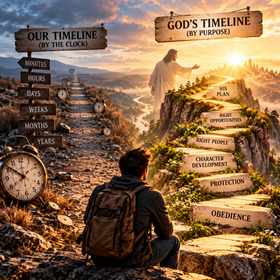 A man sits at a crossroads between two contrasting paths. On the left, a rocky, barren road labeled “Our Timeline (By the Clock)” features clocks and signs marking minutes, hours, days, weeks, months, and years. On the right, a golden, illuminated staircase labeled “God’s Timeline (By Purpose)” leads toward Jesus and a radiant sunrise. The steps are marked Obedience, Protection, Character Development, Right People, Right Opportunities, and His Plan, illustrating how trusting God's timing means focusing on His purpose rather than our own schedule.
