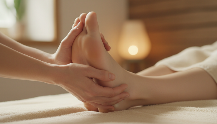 Gros plan de mains tenant doucement un pied dans un geste de réflexologie.