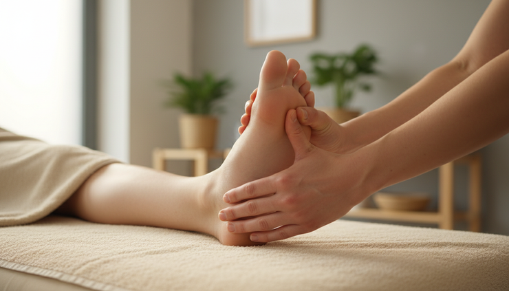 Gros plan sur des mains qui exercent une pression douce sur la voûte plantaire.