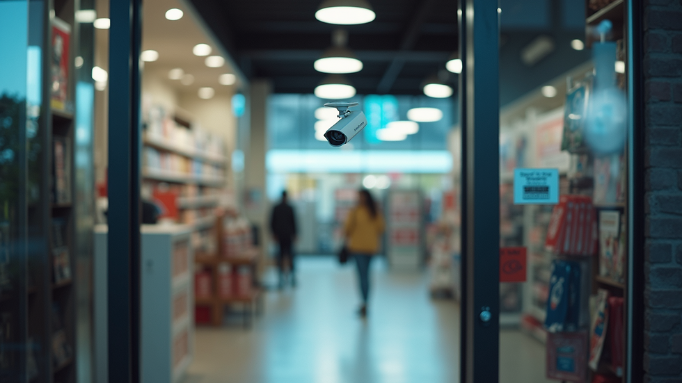 Eye-level view of a retail store entrance with a visible CCTV camera