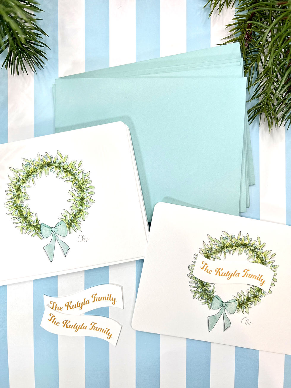Set of 10 Sea Blue Christmas Wreath Frameable Notecards with Banners