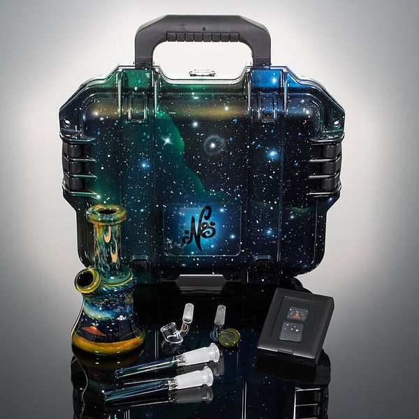 Nathan Miers Pura Vida Booster with mini tube, martini slide, alternative slide, Quave Club Banger, custom N8 bowl, stand, hand-made and designed custom galactic case, and functional glass pipes component pieces