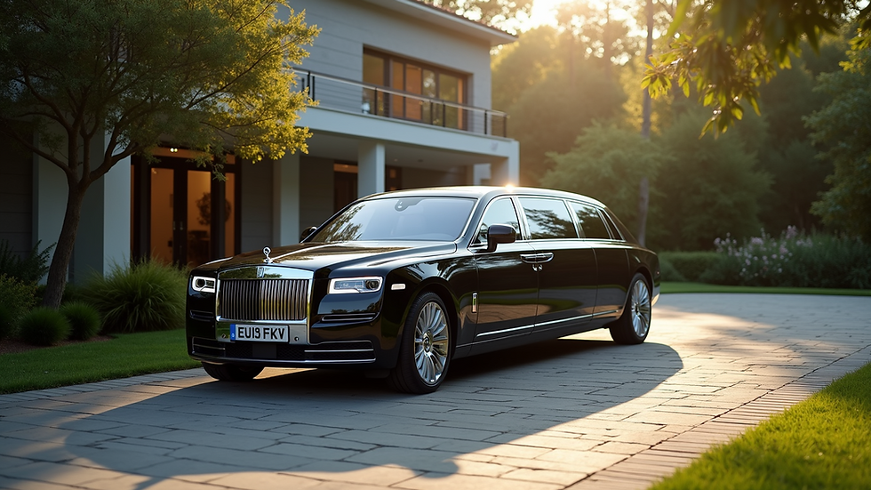 Eye-level view of an elegant black limousine parked in a luxurious driveway