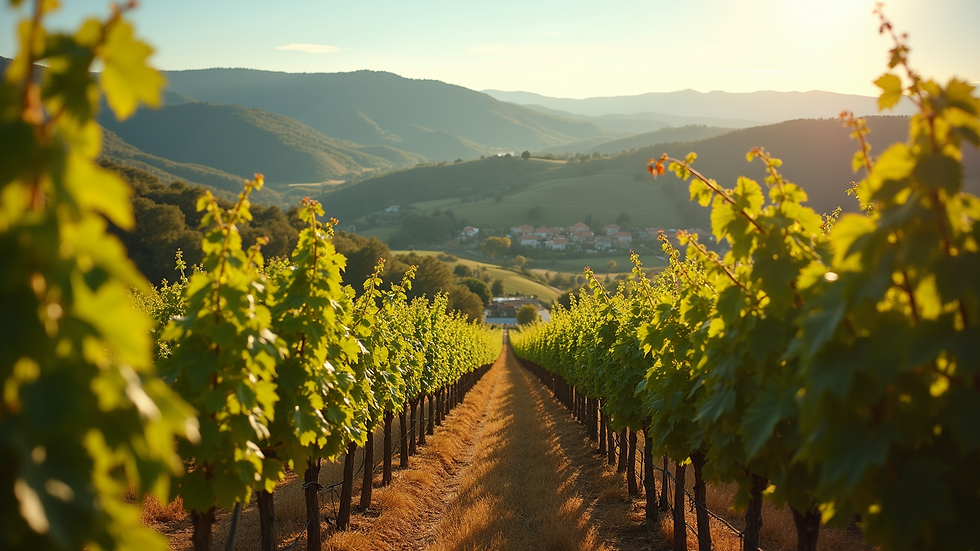 Eye-level view of a picturesque vineyard nestled in rolling hills.