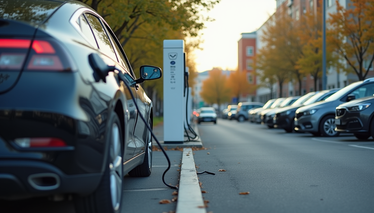 Eye-level view of an electric vehicle charging station in a city parking lot