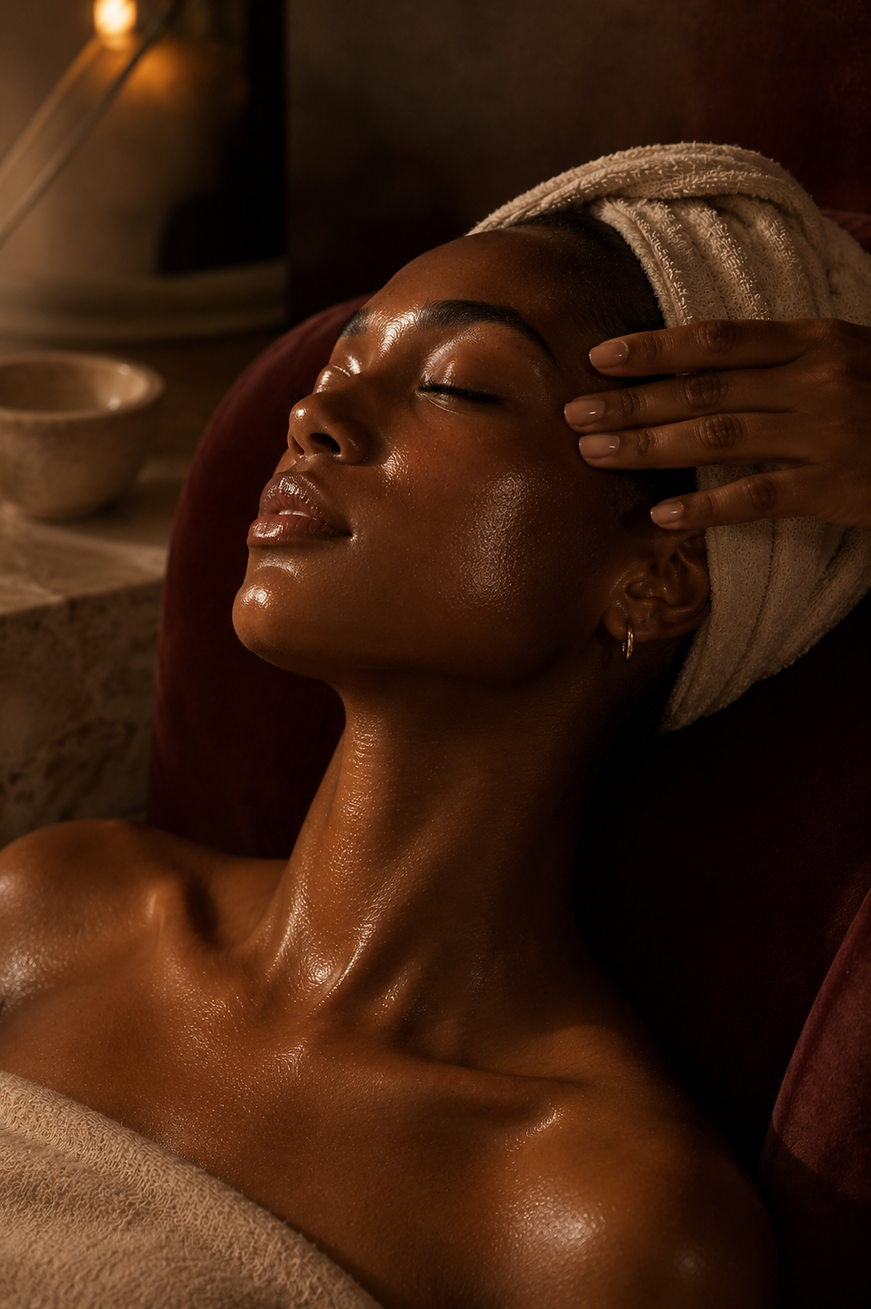 Client relaxing with eyes closed while hands rest at the temples during a facial.