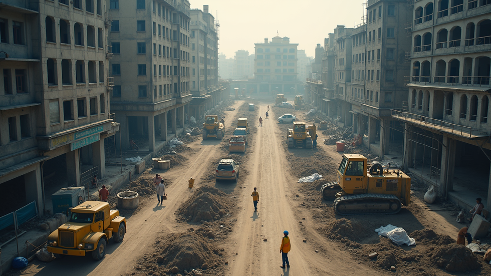 High angle view of a construction site with workers and machinery