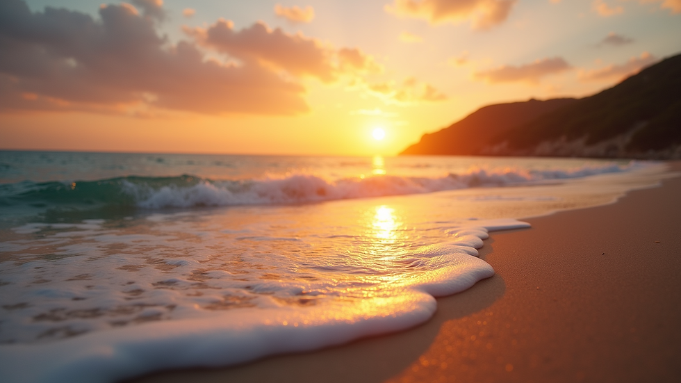 Eye-level view of a serene beach with a sunset