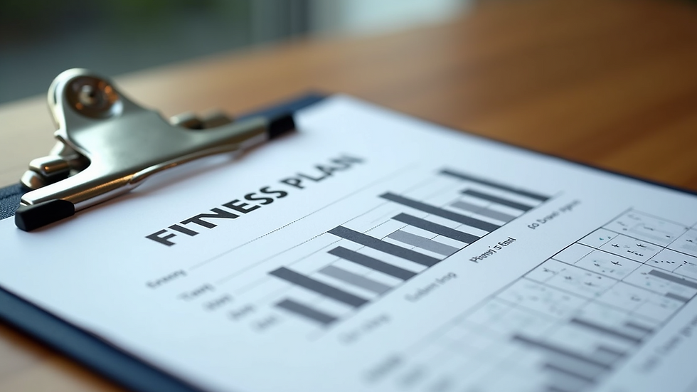 Close-up view of a fitness plan and progress chart on a clipboard