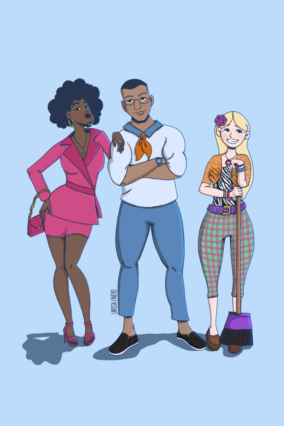 Ilustração de Tereza Cristina, Jonas e Tamires, do livro Interseção, em fundo azul claro. Lado a lado estão uma mulher negra retinta, cabelos black power, com argolas douradas grandes, batom vinho, colar e anel de búzio, fantasiada de Elle Woods. Ela está posando para foto, um semblante de mulher podrosa, com uma mão no quadril e outra apoiada no homem musculoso, negro de pele clara, cabelo raspado, óculos de grau, braços cruzados no peito e fantasia de Fred, do Scooby-Doo. Ao lado dele, uma mulher baixinha, loira de cabelos lisos, dentuça e sorridente, fantasiada de Solineuza. Ela apoia a mão esquerda numa vassoura de piaçava.
