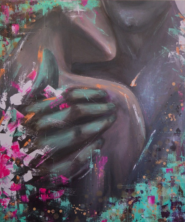 acryl schilderij omhelzing man vrouw paars groen roze oranje intimiteit geborgenheid knuffel abstract realisme