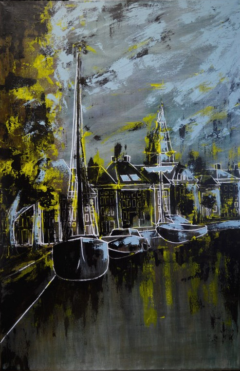 acryl schilderij Lage der Aa Groningen zwart groen blauw abstract realisme stadsgezicht