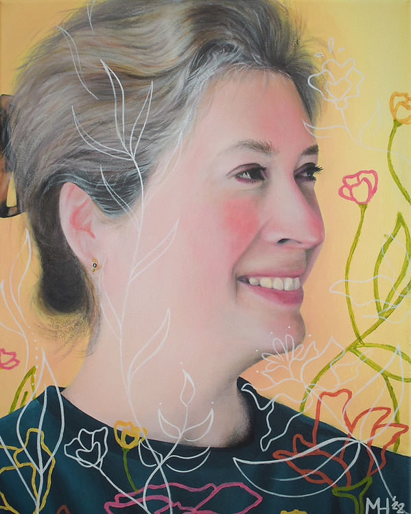 portret claartje van der linden bloemen geel kleurrijk abstract realisme acryl schilderij