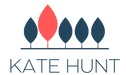 Kate Hunt logo. A row of five simple graphic navy blue trees with one taller red one.