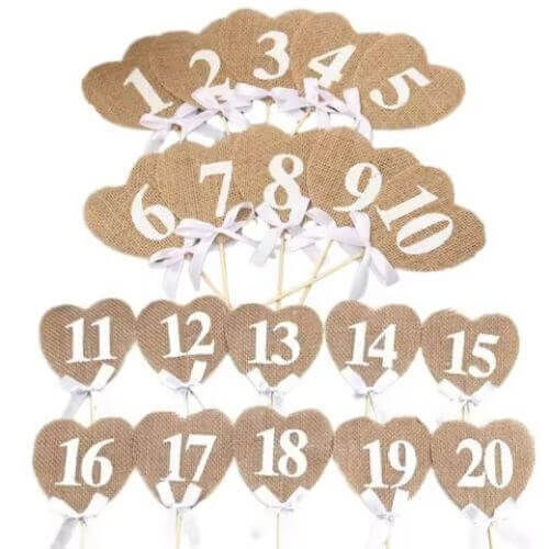 hessian burlap hearts table number sets hire ipswich qld wedding event party decor decorations