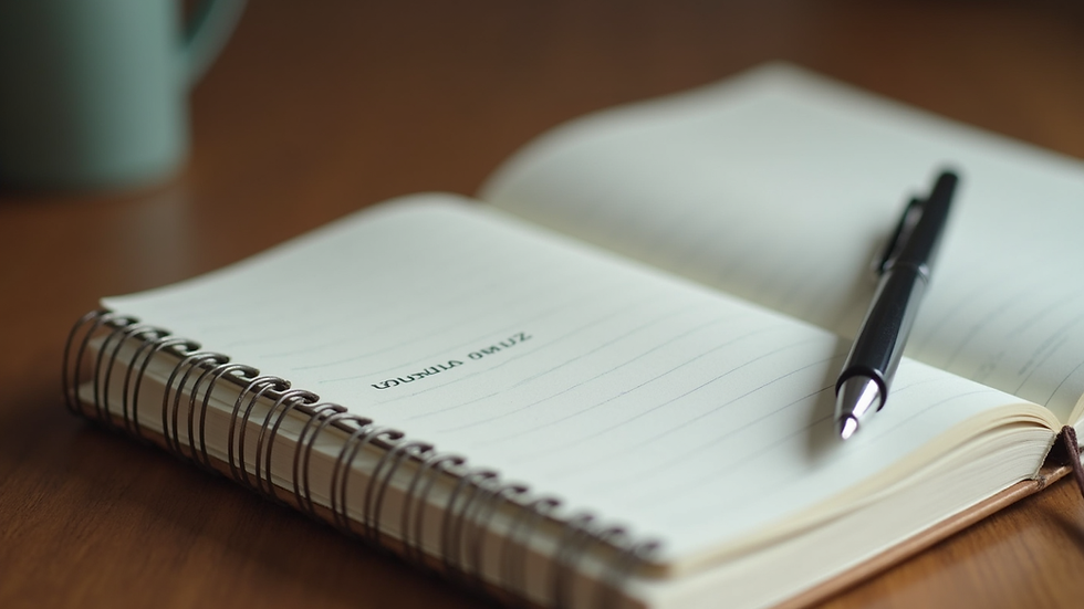 Close-up view of a journal and pen on a wooden table, symbolizing self-reflection