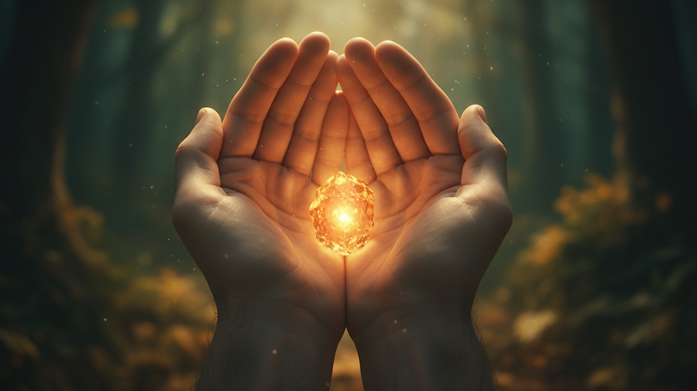 Close-up view of hands gently holding a small glowing crystal