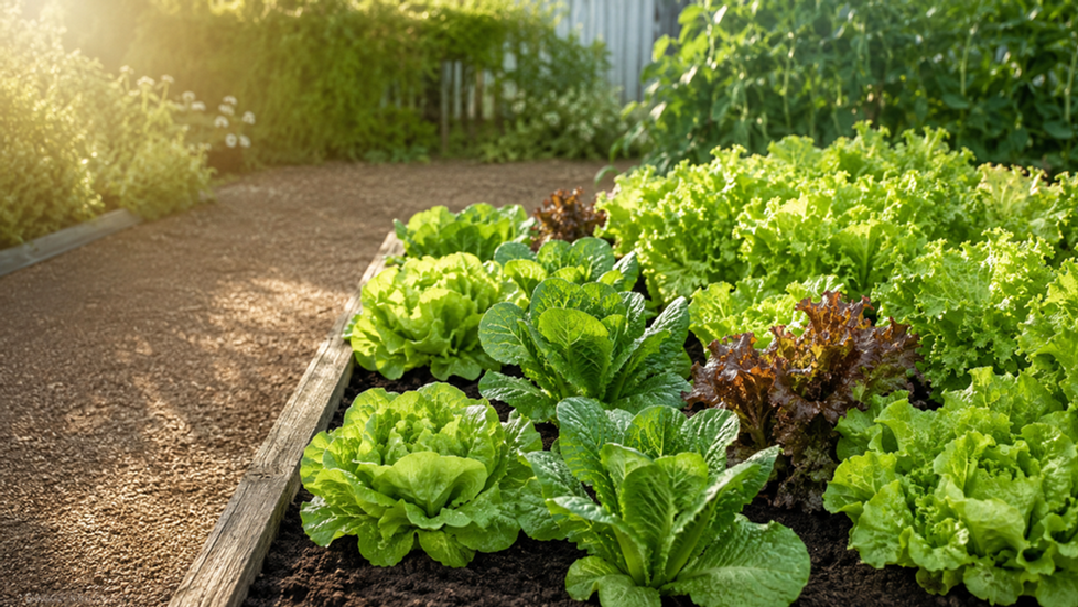 Healthy green and red lettuce growing in a raised vegetable garden bed in Australia.