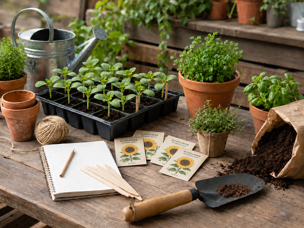 Sunflower seeds and gardening tools for a beginner guide to planting sunflowers in Australia.