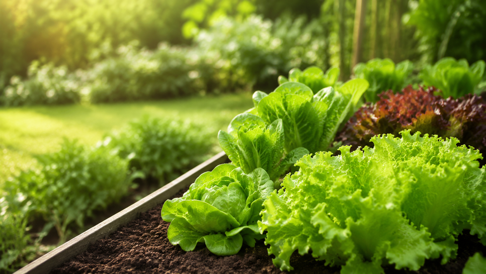 Loose-leaf, baby cos and butterhead lettuces growing in a tidy Australian vegetable garden bed. 