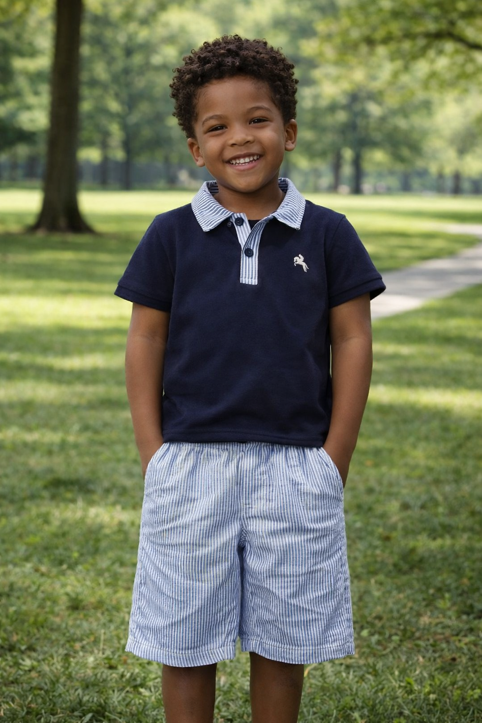 Thumbnail: ROBERT polo tshirt with stripe collar and stripe shorts to match age 1-14 