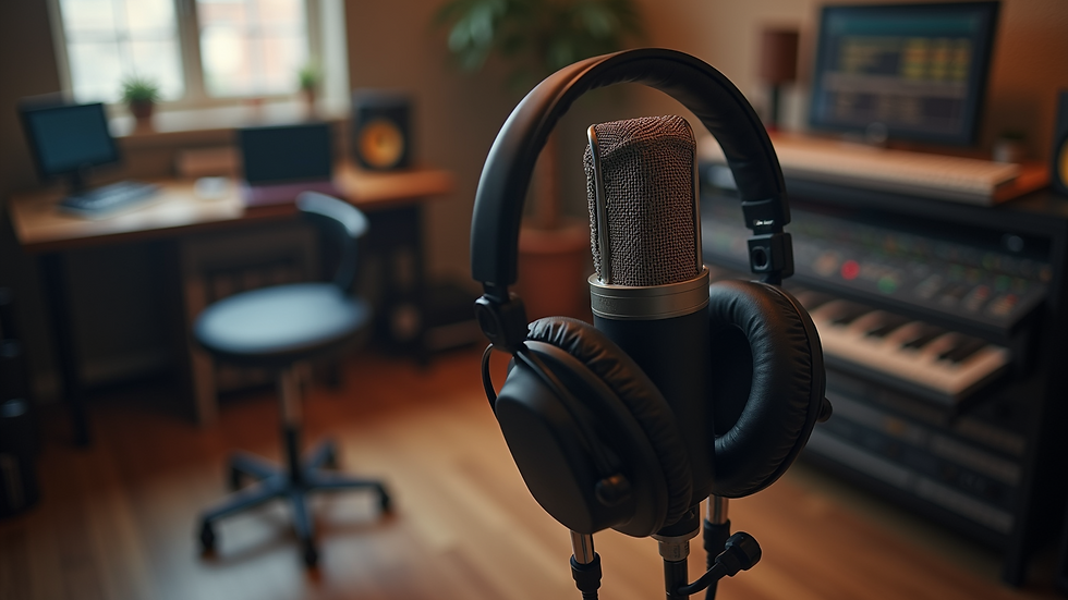 High angle view of a recording studio with a microphone and headphones