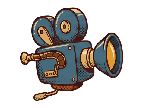 Vintage movie camera illustration with film reels.