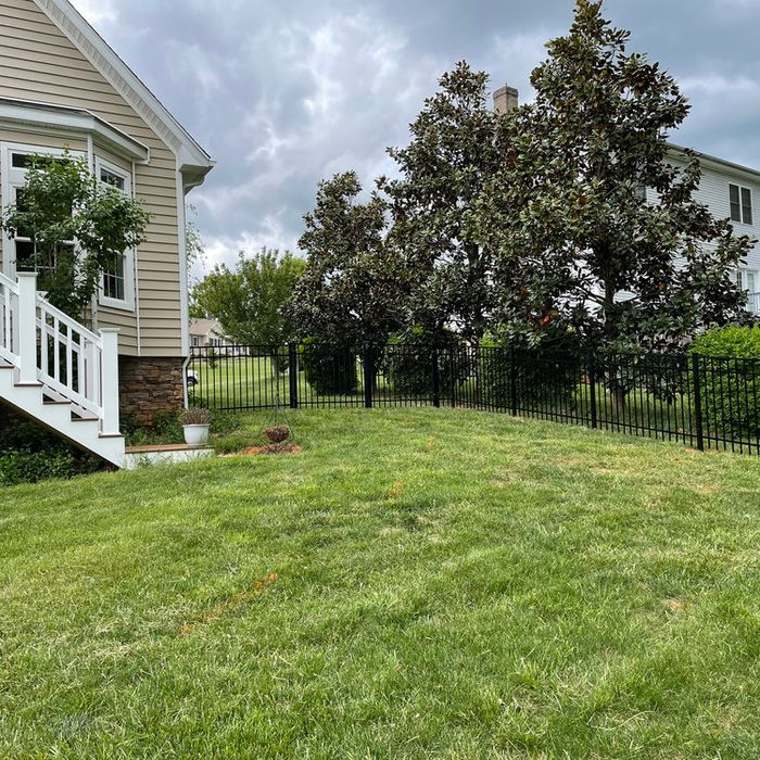 Residential backyard with green lawn, house, and black fence