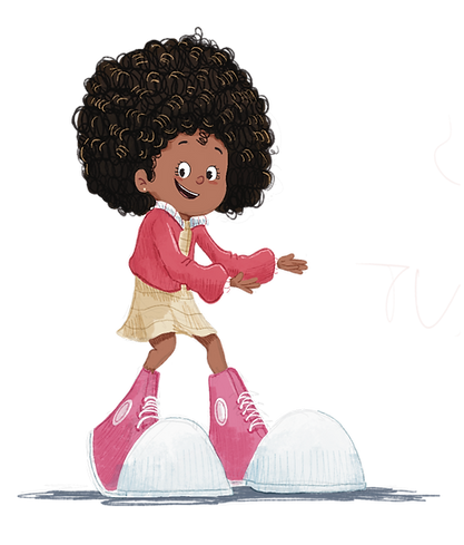 Freeda standing proudly in her red jacket, yellow skirt and oversized pink sneakers.