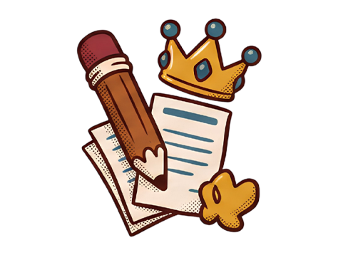 Pencil, paper, and a royal crown illustration.