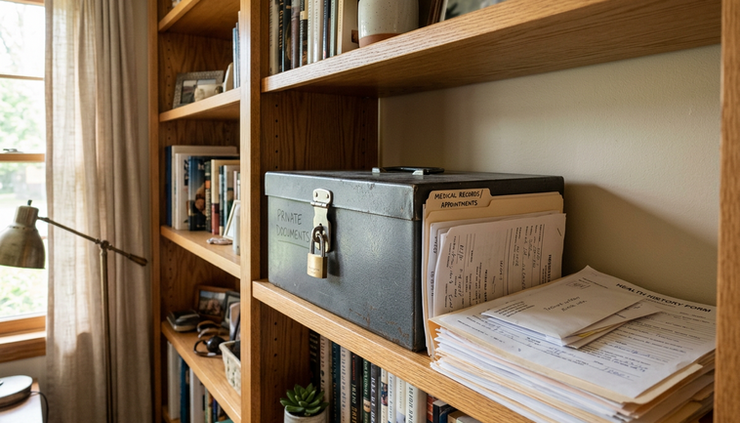 Wide-angle view of a locked metal document box beside medical paperwork on a shelf