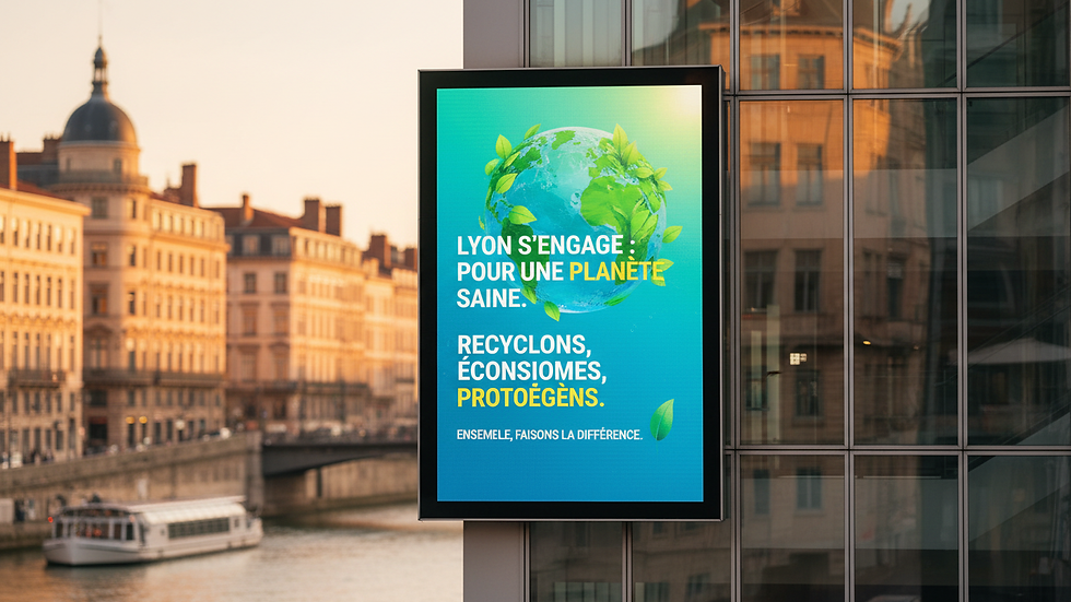 Vue rapprochée d’un panneau publicitaire digital affichant un message écologique à Lyon