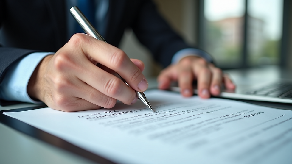 Close-up view of hands filling out LLC formation documents