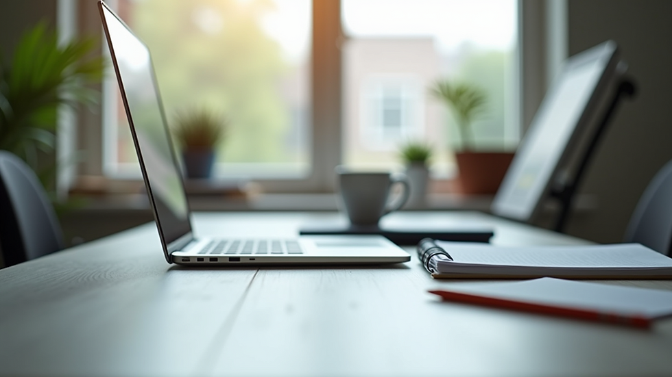 Eye-level view of a neat desk with a laptop, notebook, and coffee cup