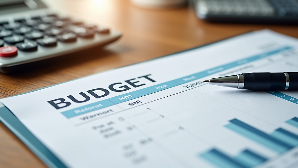 Close-up view of a calculator, pen, and budget worksheet on a wooden table