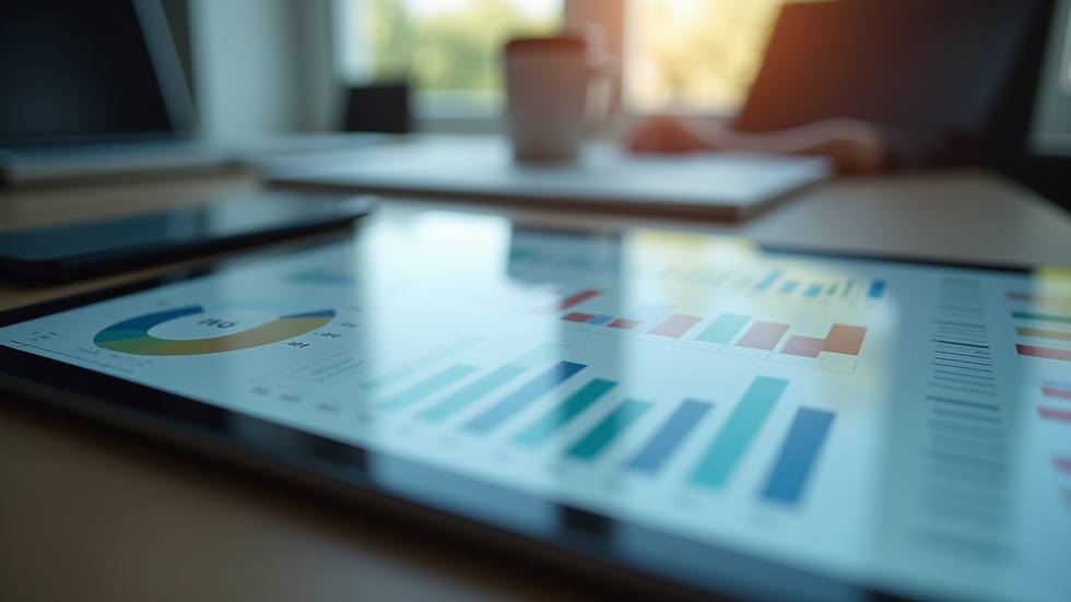 Close-up view of a tablet showing financial graphs and charts