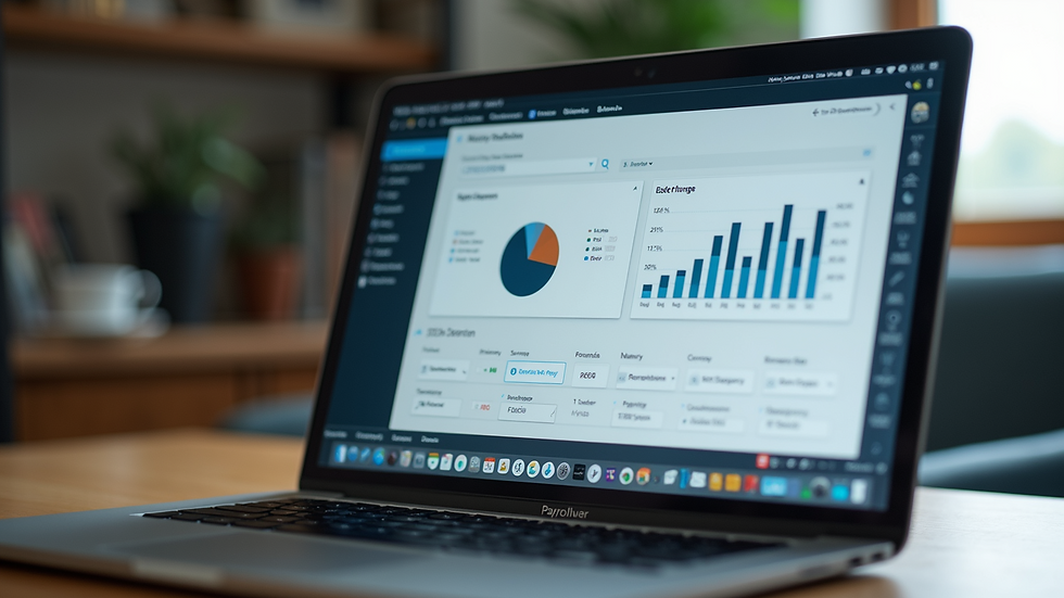 Eye-level view of a laptop displaying payroll software dashboard