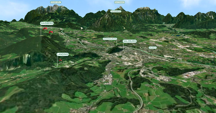 Visueller Leitfaden: Tandem-Paragleiten-Flug über Salzburgs Berge und Stadtwahrzeichen auf einer 3D-Karte