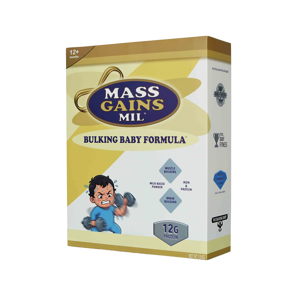 Mass Gains Mil Bulking Baby Formula, yellow, light golden brown, white and navy blue box. Cartoon Baby struggling to lift dumbbells. 
