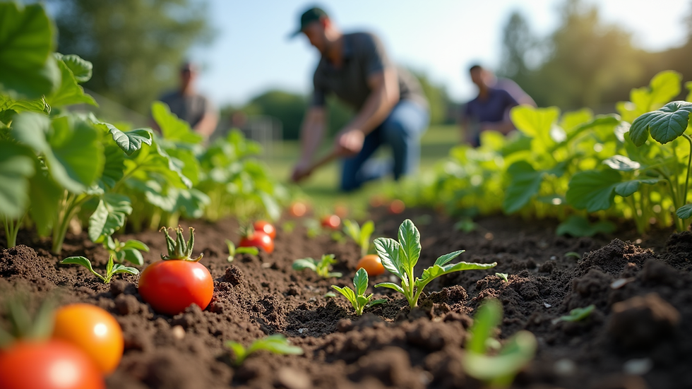 Eye-level view of a community garden with volunteers planting vegetables