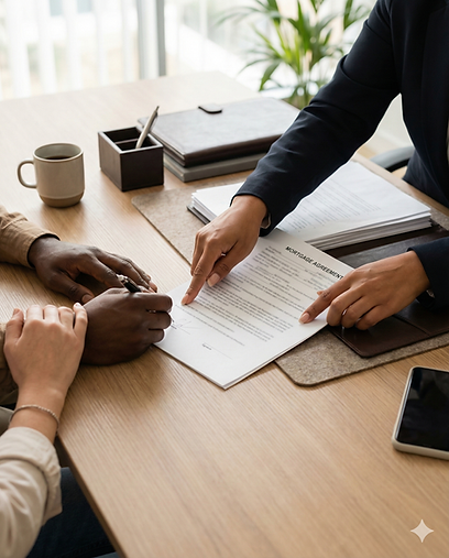 Professional pointing to a contract for a client to sign