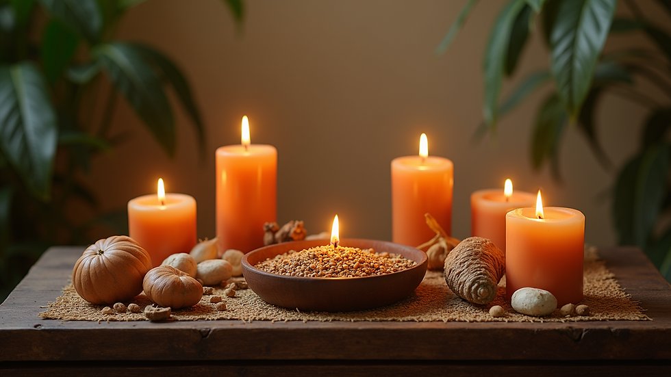 Close-up view of a ceremonial altar with natural elements