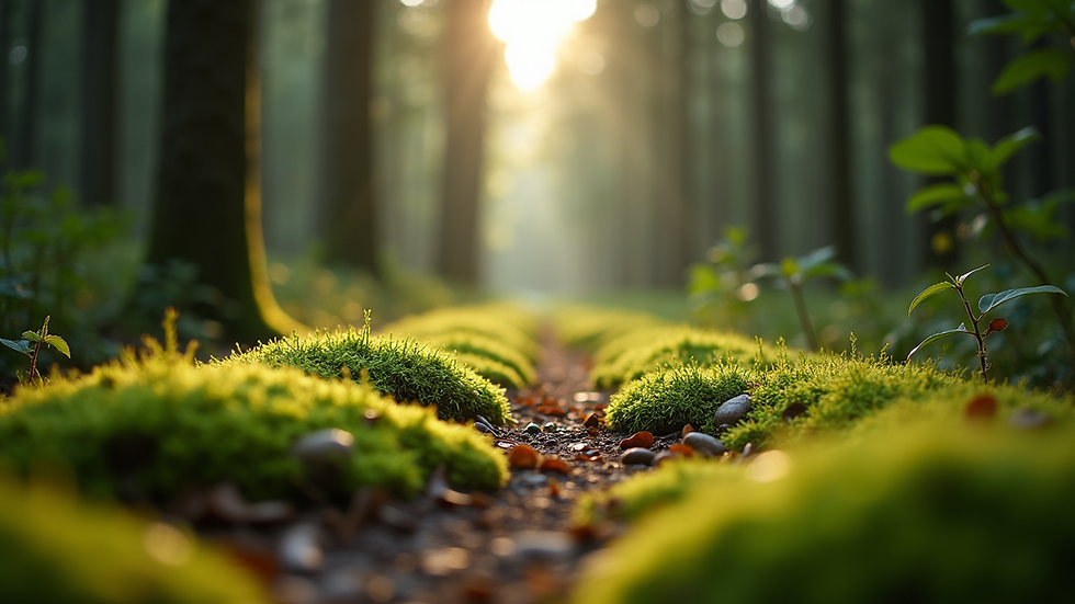 Eye-level view of a serene forest path covered with moss and soft light