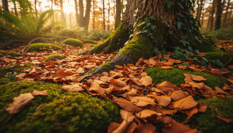 Low-angle view of fallen amber leaves resting on moss at the base of an old tree.
