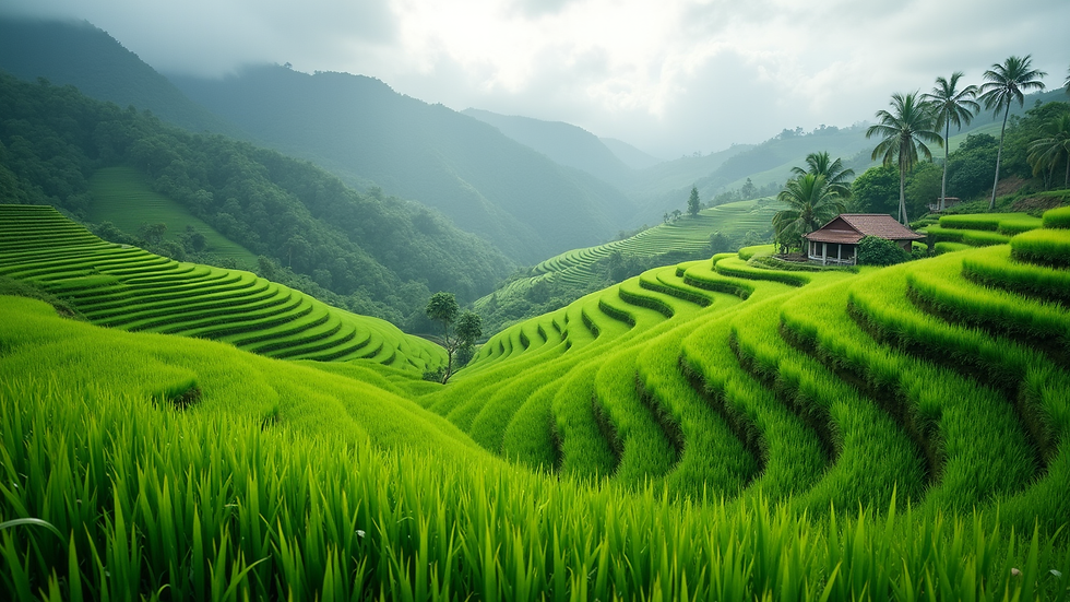 Wide angle view of a lush green rice terrace in Bali