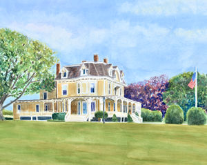 Yellow Victorian home with large green lawn and American flag.