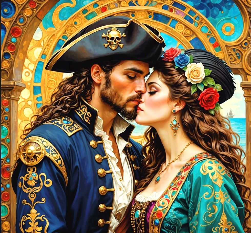 A couple in ornate period clothing shares a romantic moment. The man wears a pirate hat, and the woman has flowers in her hair. Colorful, intricate backdrop.